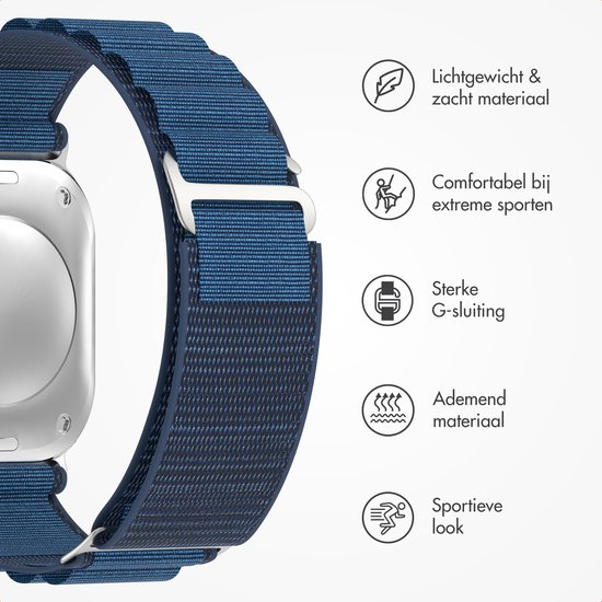 Lichtgewicht & zacht materiaal, comfortabel bij extreme sporten, sterke G-sluiting, ademend materiaal, sportieve look. Donkerblauw nylon Apple Watch bandje.
