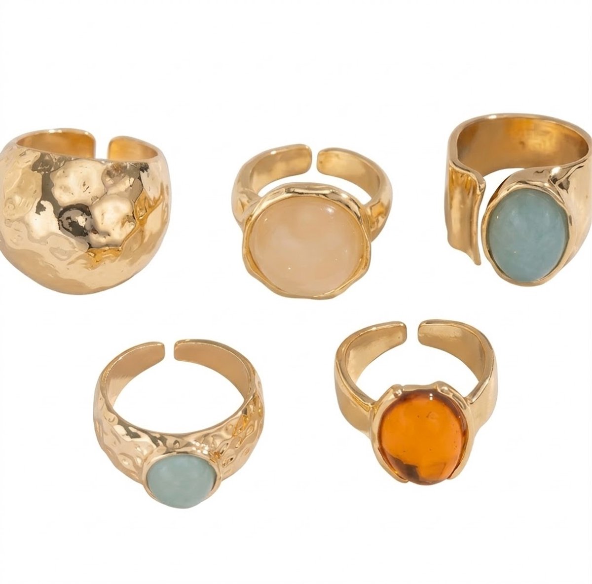 Goudkleurige ring set voor dames met open verstelbaar ontwerp en ronde stenen – 5 delige ringen set met gladde en gehamerde afwerking – metalen dames ringen met vintage uitstraling