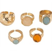 Goudkleurige ring set voor dames met open verstelbaar ontwerp en ronde stenen – 5 delige ringen set met gladde en gehamerde afwerking – metalen dames ringen met vintage uitstraling