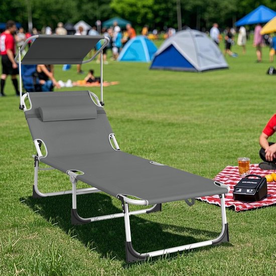 Opvouwbare Zonligstoel - Met Zonnedak - Verstelbare Rugleuning - Ergonomisch - Tuinligstoel - Metalen Frame - Oxford Stof - Draagbaar - Ligstoel - Voor Camping, Strand, Balkon En Kantoor - Antraciet - NAIZY — afbeelding 4