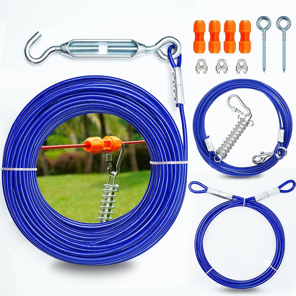 Hond Uitlaatsysteem - Honden Zipline - Buiten Activiteiten - Heavy Duty Trolley - 30 Meter Kabel - Blauw