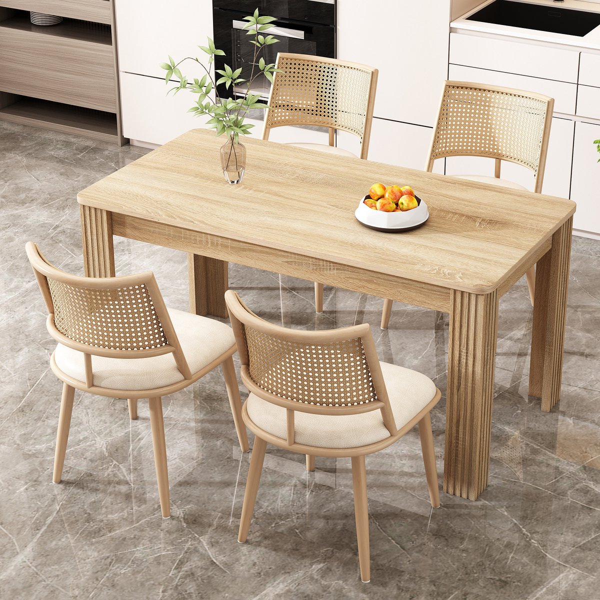 REDOM - Set Van 4 Eetkamerstoelen - Rattan Rugleuning - PU Zitting - Natuurlijk Ontwerp - Beige