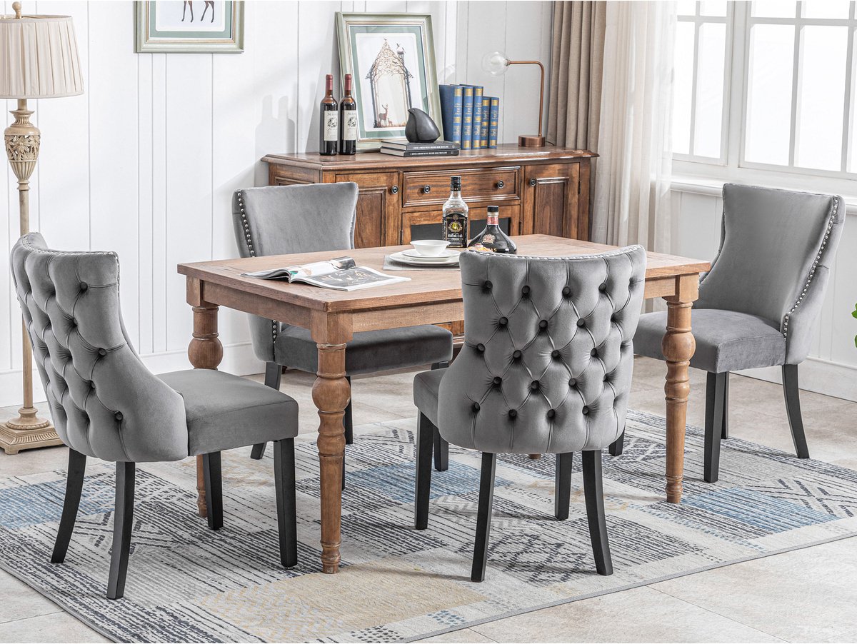 REDOM - Eetkamerstoel - Massief Houten Poten - Knoopstiksel - Modern - Voor Eethoek - Fluweel - Grijs