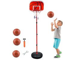 Aurixi® Basketbalpaal - Basketbalpaal Voor Binnen en Buiten – Basketbalring Met Standaard – Basket – Verstelbare Basketbal Paal Voor Kinderen - Met 3x basketbal En Ballenpomp - Rood - 28cm x 34cm x 150cm