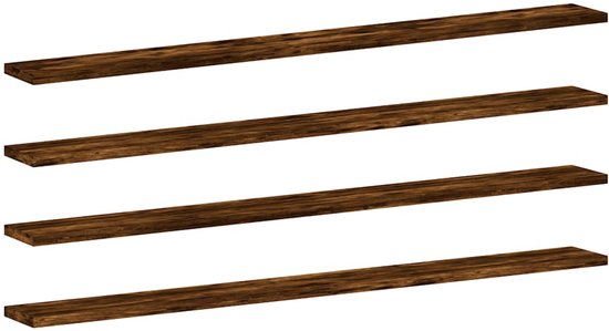 Quatre étagères longues et étroites en bois brun foncé disposées côte à côte.