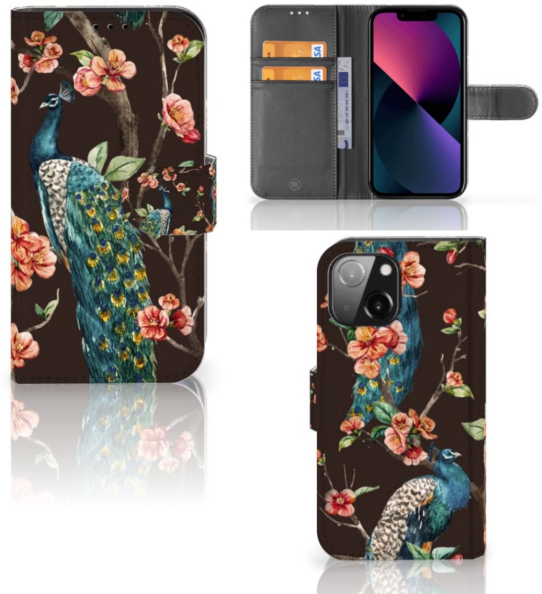 iPhone 13 Mini Telefoonhoesje met Pasjes Pauw met Bloemen