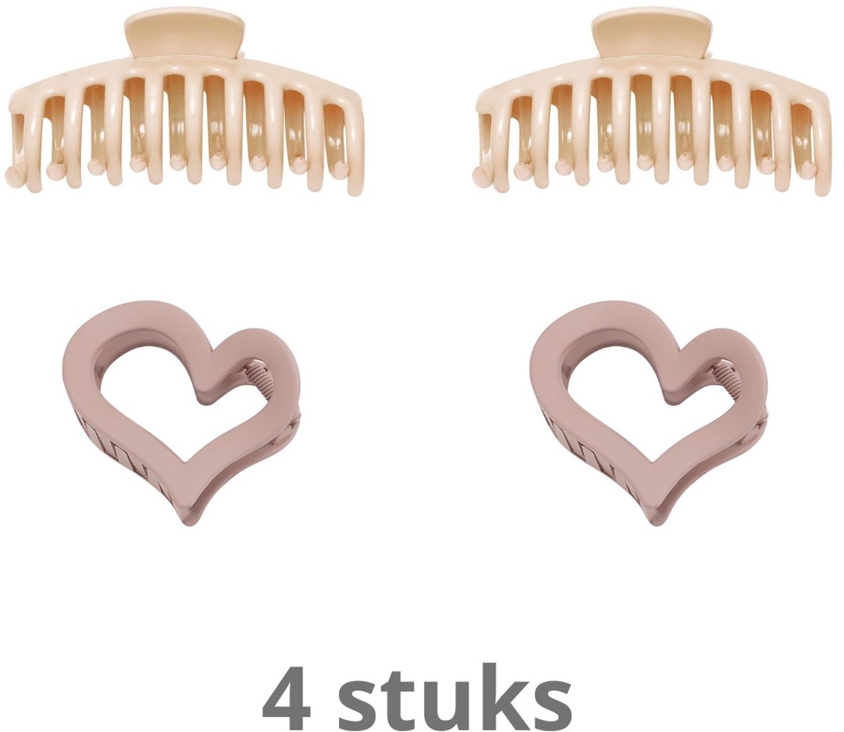 Voordeel set - 2 stuks Grote haarclip glanzende afwerking Beige Plastic + 2 stuks Haarclip vervormd hart mat