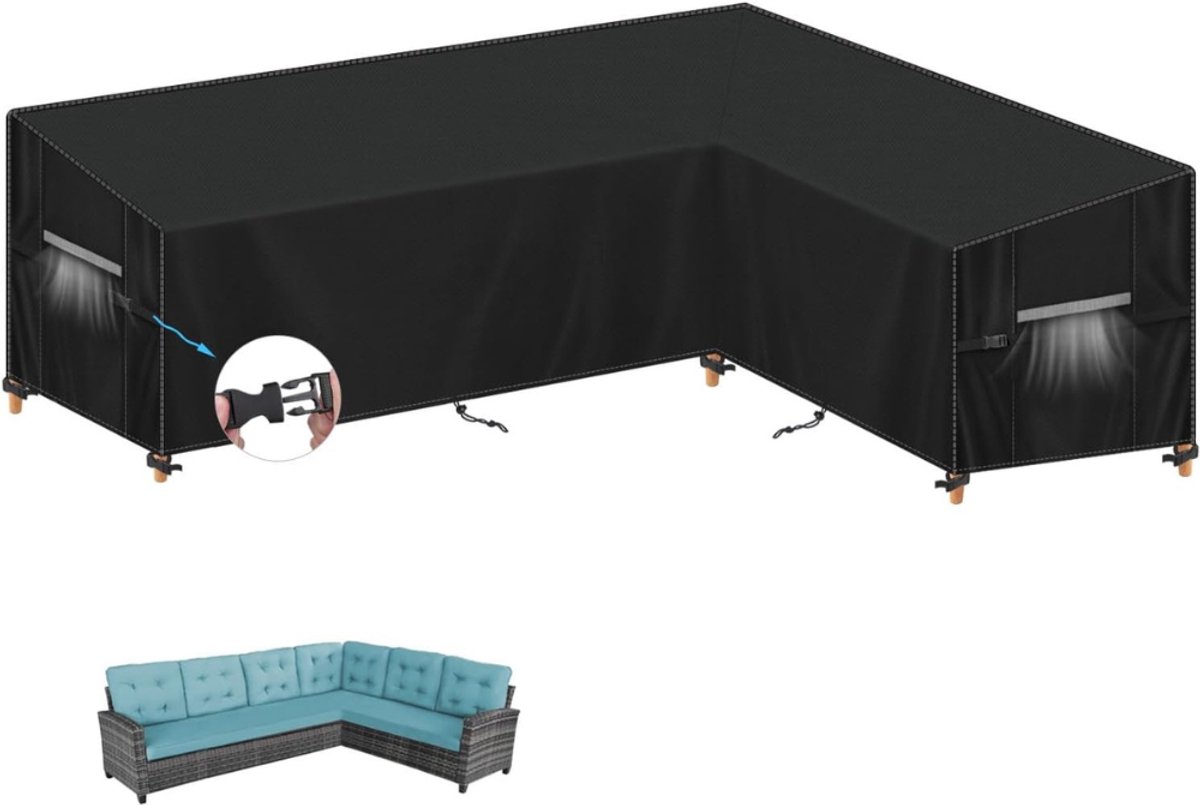 Famanu L-vormige waterdichte tuinmeubelhoes - hoes van zware 420D Oxford-stof voor rotan hoekbank voor buiten - met waterdichte tape (270 x 210 x 87 cm) Zwart