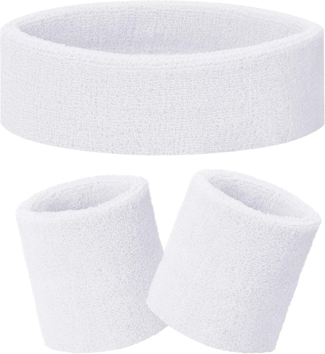 Zweetbandjes set - 3-delig - Sweatbands - Sportbandjes - 1x Hoofdband 2x polsbandjes - Headband - Wristbands - Badstof - Wit - Jonyx