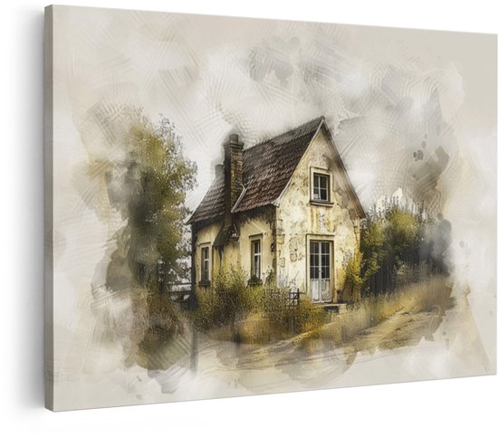 Artaza Canvas Schilderij Oud Huisje - 60x40 cm - Wanddecoratie Landelijk - Muurdecoratie Landschap - Decoratie Verweerde Gevel
