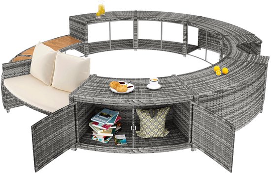 Ensemble de Jardin Aafinity En Rotin Pe Avec Espace de Rangement, Banquette Lounge Ronde Autour du Jacuzzi, Assise Résistante aux Intempéries Près de la Piscine Avec Coussins Et Table d'Appoint
