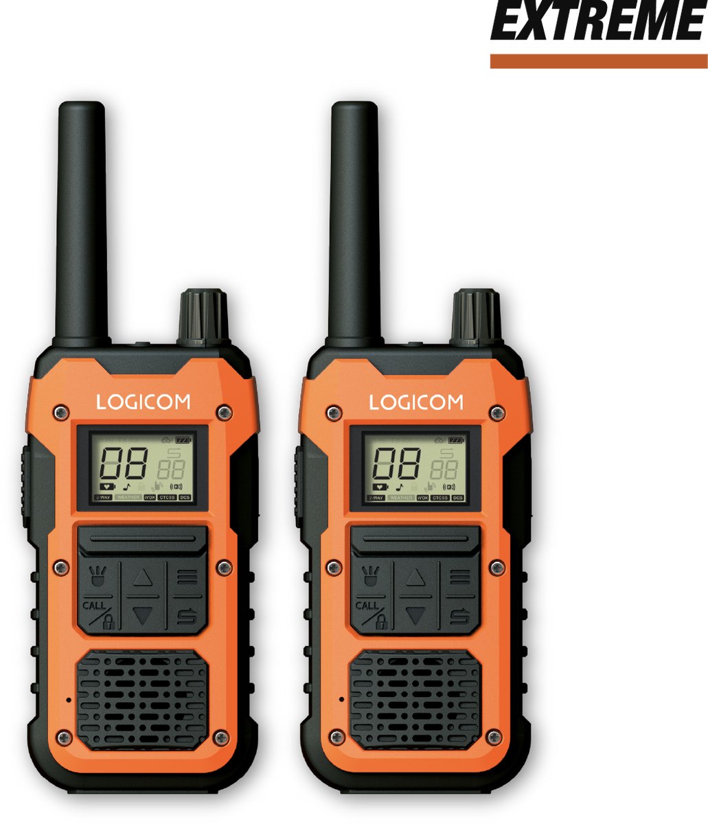 Logicom - Extreme - Walki Talkie - 10km - 2 stuks - IP68 Val en waterbestendig - 16 kanalen - PMR 446 - 2 clips - USB C - Met zaklamp - Audiojack - Kinderen & Volwassenen