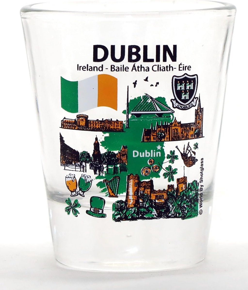 Ierse Souvenir Borrelglas Dublin Monumenten en Pictogrammen Glas