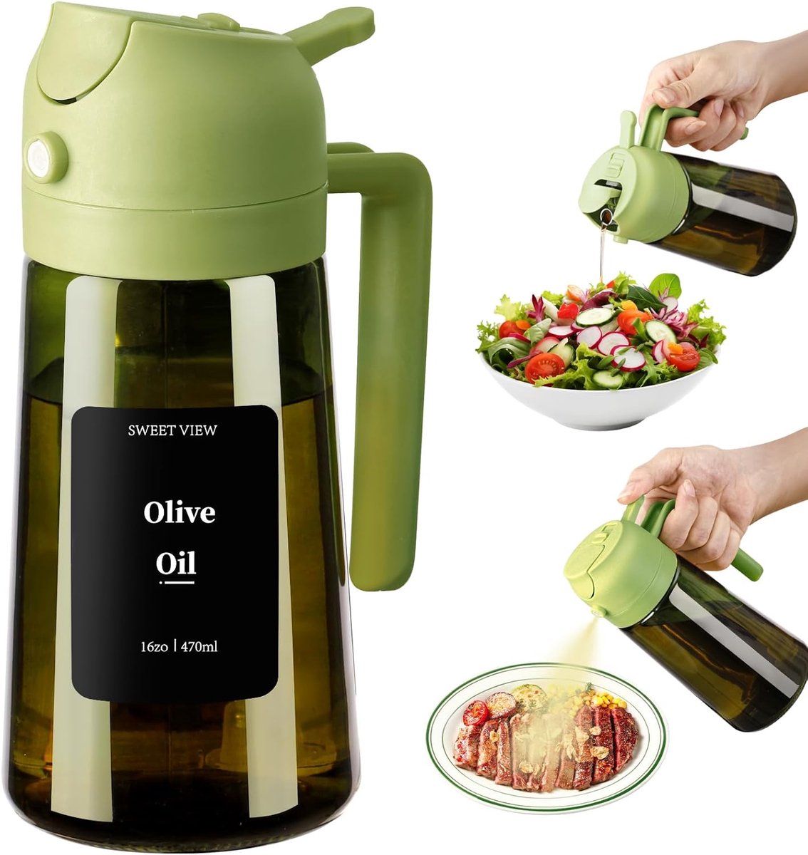 Olijfoliedispenser en Oliesproeier - 470ml Glazen Schenker voor Keuken en Koken