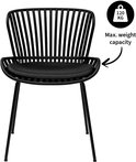 Zwarte tuinstoel met kussentje, metalen frame met verticale spijlen en pijl die naar 120kg wijst.