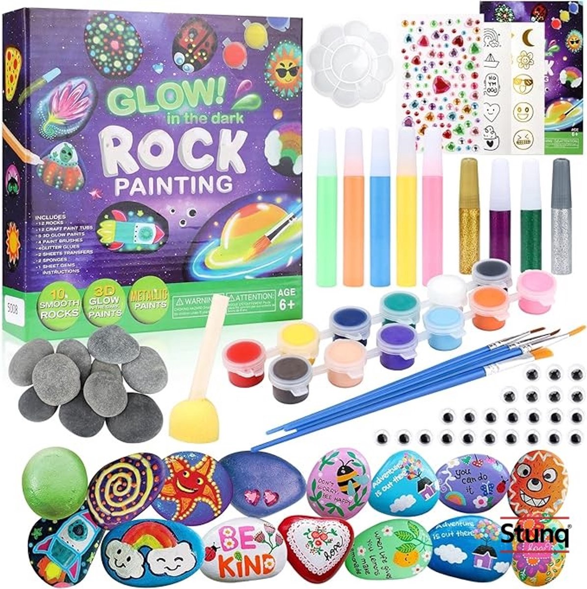 Glow in the Dark Steenschilderset voor Kinderen - Creatieve Knutselkit met 10 Stenen en 6 Kleuren
