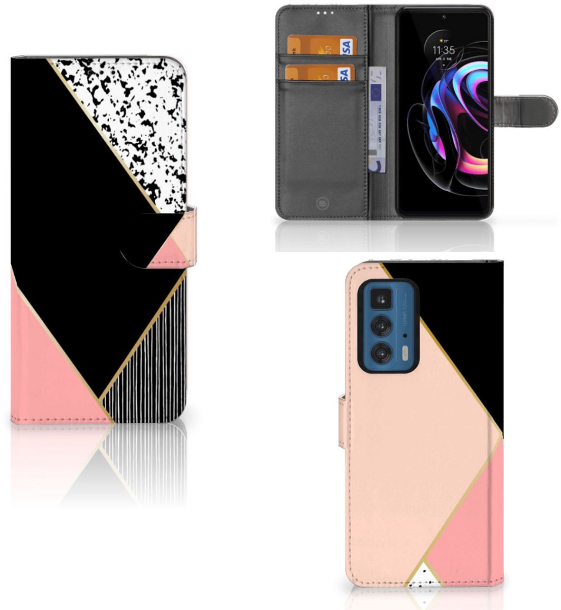 Motorola Edge 20 Pro Book Case Zwart Roze Vormen