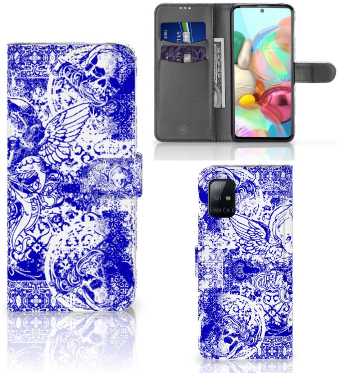 Book Case voor Telefoonhoesje met Naam Samsung Galaxy A71 Angel Skull Blauw