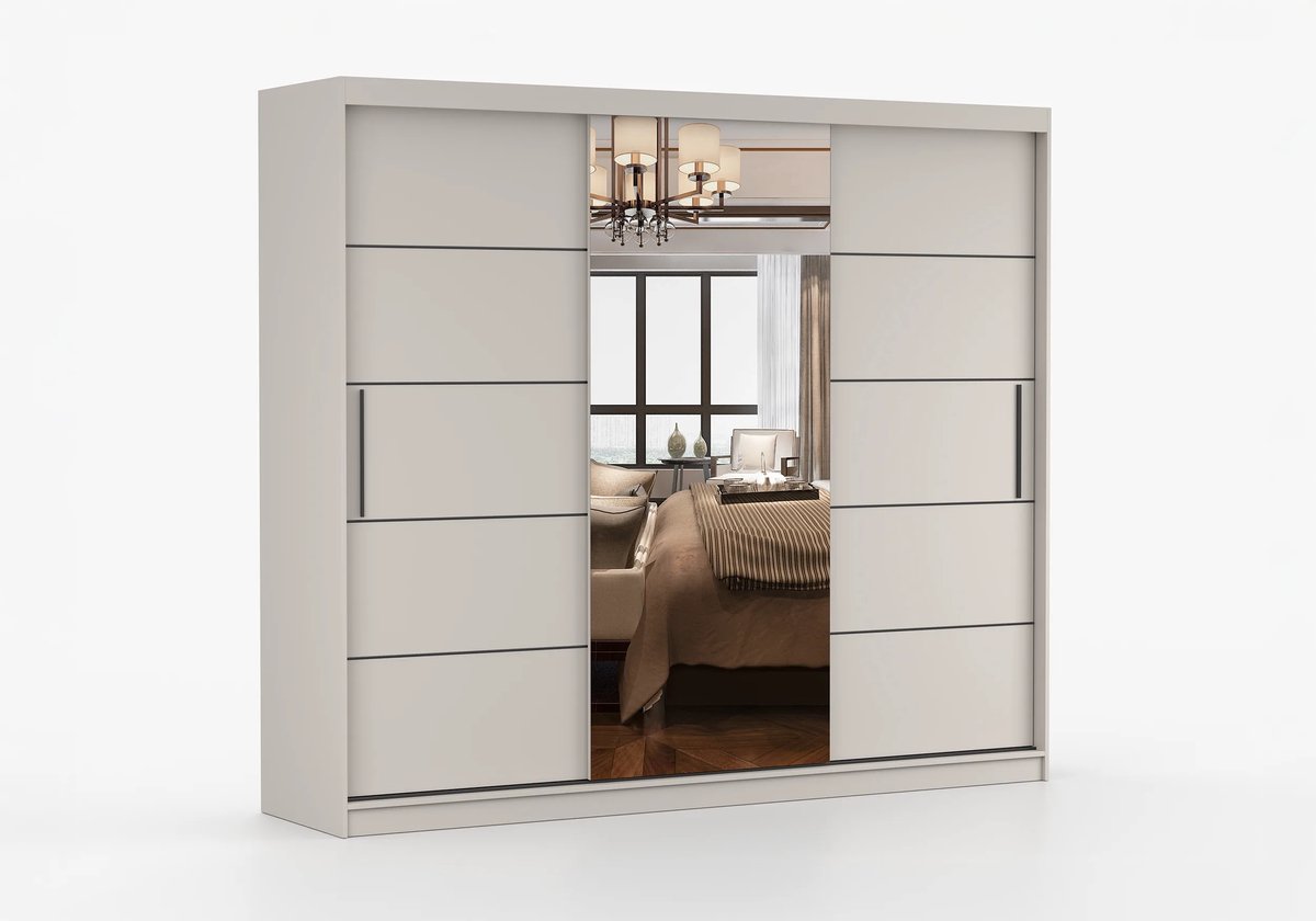 AJE Meubles B.V. Schuifdeurkast ELBA I met Spiegel – 3-deurs kledingkast, legplanken en kledingroede – modern design – 250x218x61 cm - ELBA I (Kasjmier)