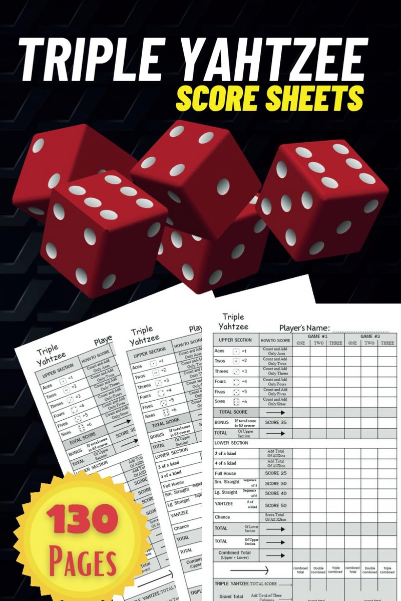 Triple Yahtzee Scorebladen - 130 Grote Scorebladen 6 x 9 Inch voor Scorekeeping