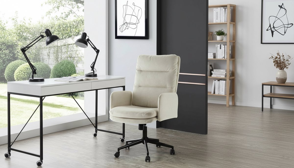 Bureaustoel Casa Velluto LuxeDesk – Ergonomische Draaistoel met Armleuningen, Hoogte Verstelbaar, Draaibaar 360°, Comfortabel Zitkussen, Kantoor- en Kaptafelstoel – Beige