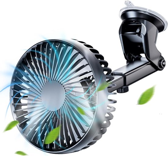 12V/24V autoventilator USB 3 snelheden stil 360° draaibaar met zuignap compact voor auto kantoor thuis zwart