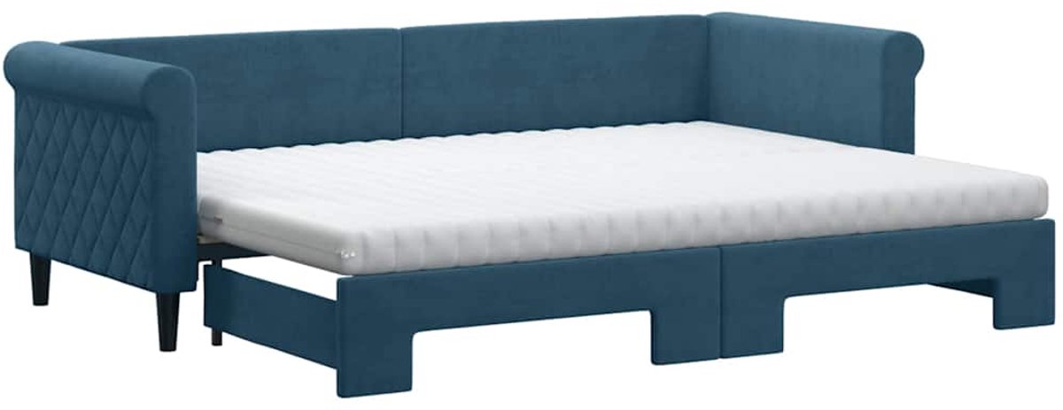 vidaXL Slaapbank - onderschuifbed - en - matrassen - 80x200 - cm - fluweel - blauw