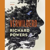 Boek "Verwilderd" van Richard Powers. Een profiel van een gezicht gevuld met een bos, waterval, twee vogels en een reiger.
