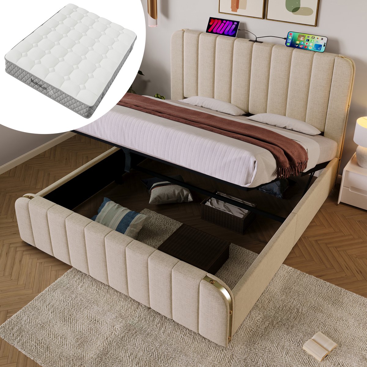 MODFU - Gestoffeerd Opbergbed Met Matras - USB-C-Laadpoort - Modern - Slaapkamer - Linnen - Beige - 140 x 200 cm