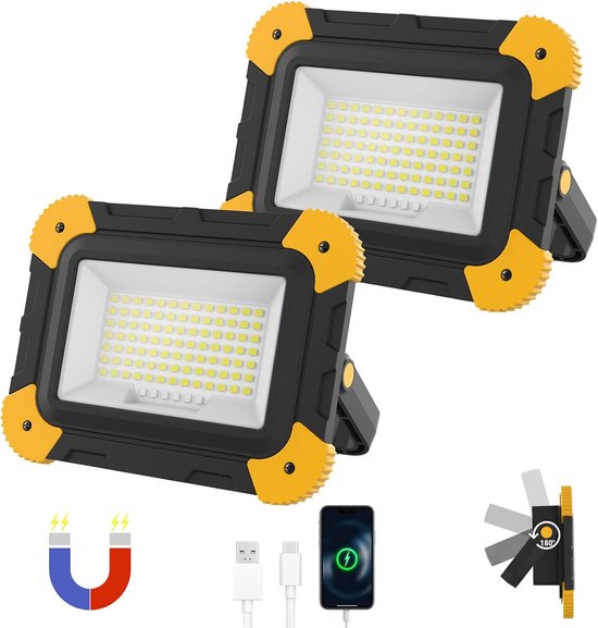2-Stuks 40W LED Werklamp – 4000mAh Oplaadbaar – Magneet – 180° Draaibaar – Waterdicht – voor Werkplaats, Garage, Camping, Autoreparatie