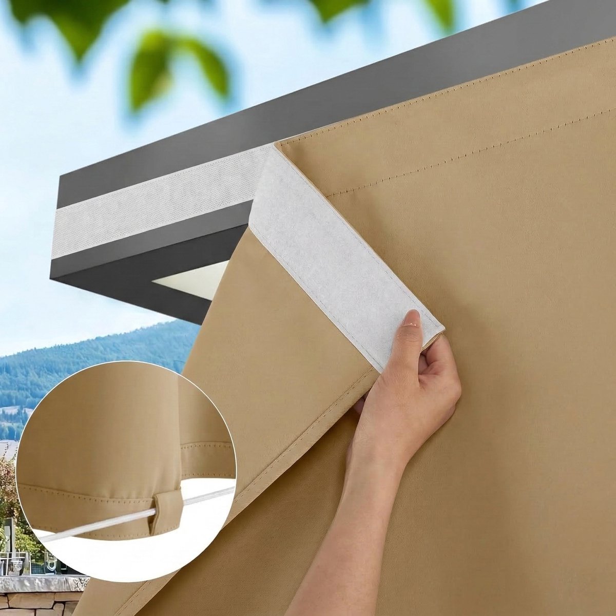 Qelus Winddicht Buitengordijn Klittenband & Lussen - 100% Verduisterend Outdoor Gordijn Waterdicht - Zonder Roede Demonteren - Rideau Occultant - 132x244cm - Beige - 1 Stuk