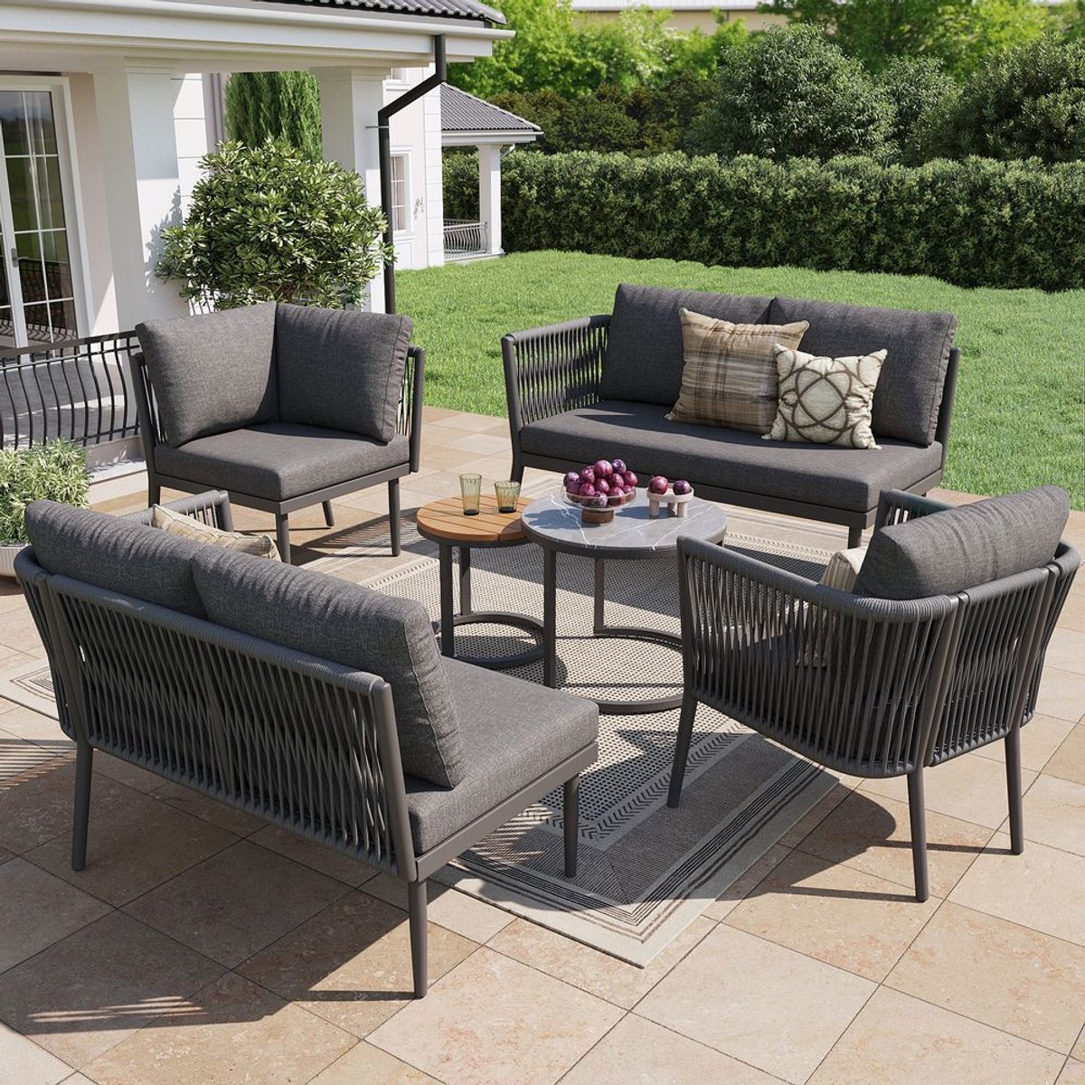 BLACKCOLORS Tuinset voor 5-6 personen, grote buitenbankenset, 6-delige set met waterdichte bank en kussenset, modulaire hoekbankenset voor terras of balkon, grijs