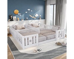 Massief houten tweepersoons kinderbed met hekjes, grijs, laag bij de grond, geschikt voor 90x200 cm matrassen