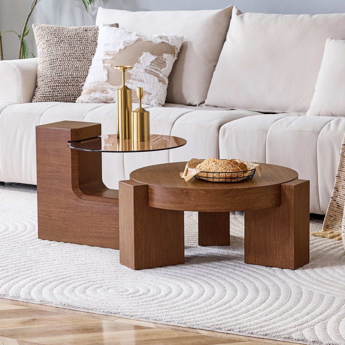 Clruro Salontafel Set - 2-Delig - Deelbaar met Glas - Flexibel Design - Glas en MDF - Bruin