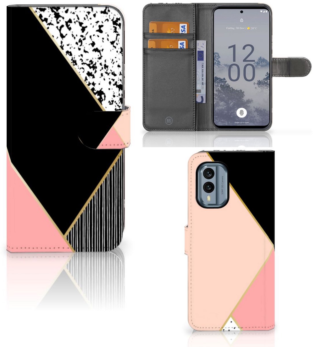 Nokia X30 Book Case Zwart Roze Vormen