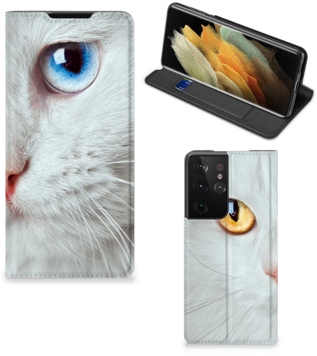 Standcase Hoesje voor Samsung Galaxy S21 Ultra Hoesje maken Witte Kat