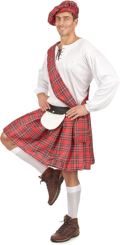 Man in Schots kostuum met witte blouse, rode ruitkilt, sjerp, binnenzak en baret.