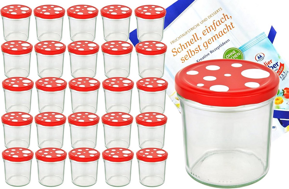 Set van 25 weckpotten 350 ml met rood-wit gestippelde deksels en receptenboekje