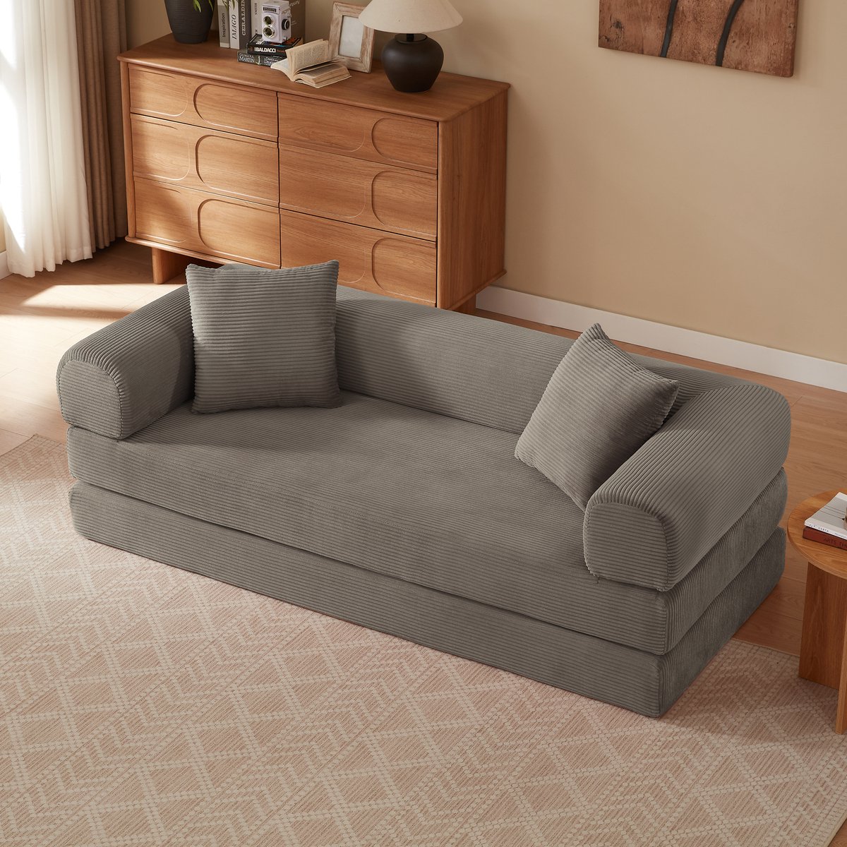 OKWISH Slaapbank - Opvouwbaar 2-In-1 Vloersofa En Eenpersoons Logeerbed - Voor Woonkamer Of Slaapkamer - Taupe