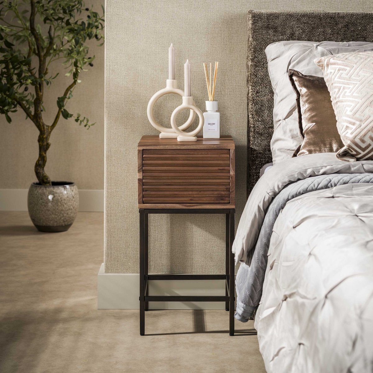 PS-Collection Nachtkastje Line 1 Lade Acacia Hout Bruin Metaal - nachtkast, nachtkastje, nachtkastjes, nachtkastjes industrieel, nachtkastje hout, nachtkastjes modern, nachtkastje zwevend