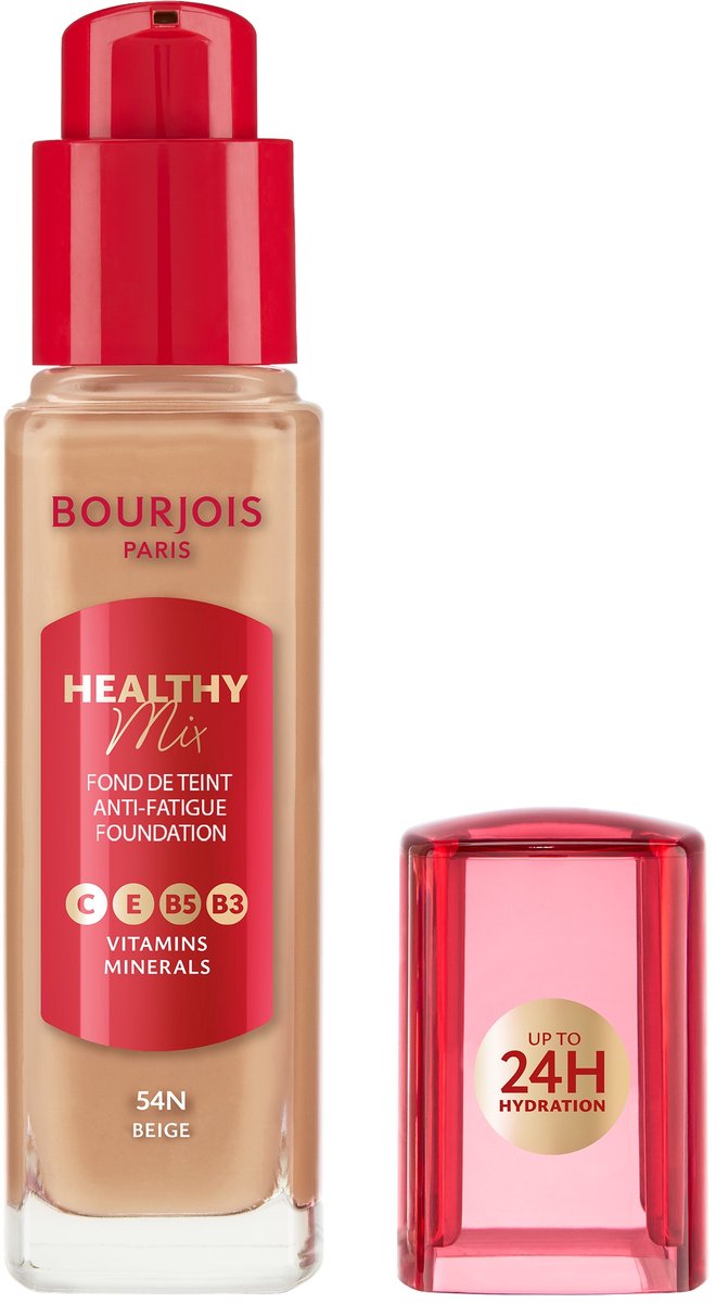Bourjois Healthy Mix Anti-Fatigue Foundation | Voor een frisse, gezond ogende huid | Met mineralen en vitamine C, E, B3, B5 | Langhoudende, medium dekking | 57N Bronze, 30 ml