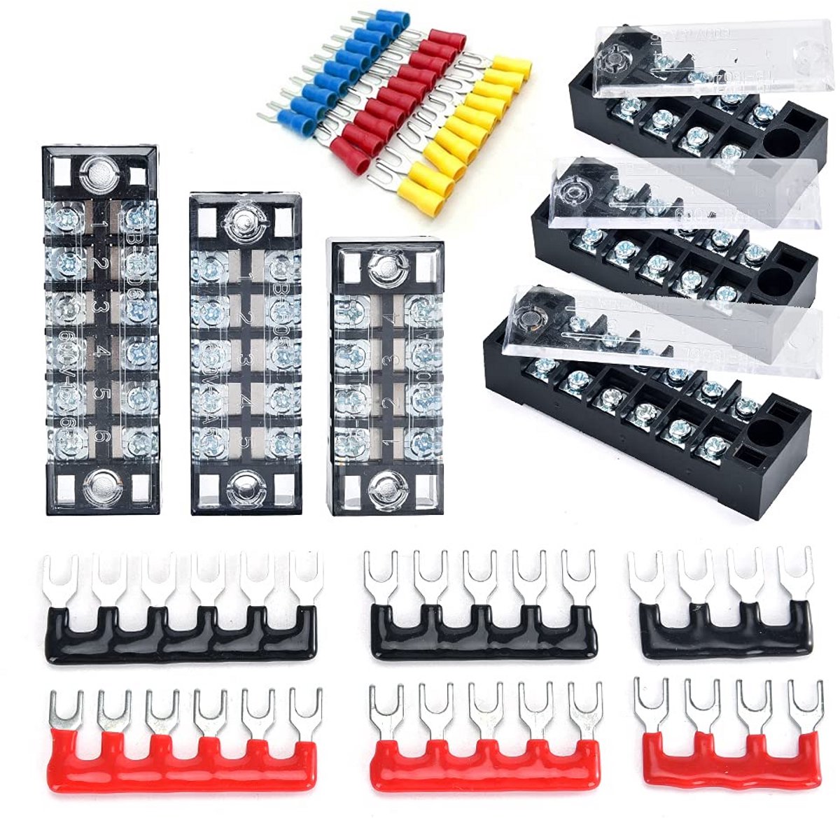 Terminalblokken Set van 6 - 4/5/6 Posities, 600V, 15A, Dubbele Rij Schroefklemmen inclusief Vorkdraad-Connectoren