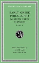 Boek "Early Greek Philosophy Western Greek Thinkers Part 1" uit de Loeb Classical Library, groen met Griekse rand.