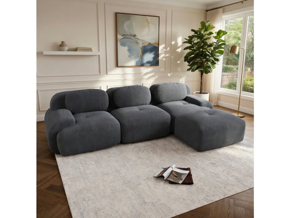 Modulaire Hoekbank XL – Ribfluweel (Corduroy) – 3-zits met Poef & Kussens – 298x178 cm – Beige – Bellavero
