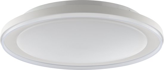Zijaanzicht van de witte, ronde plafondlamp met een verlichte ring en diffuse centrale lichtopbrengst.