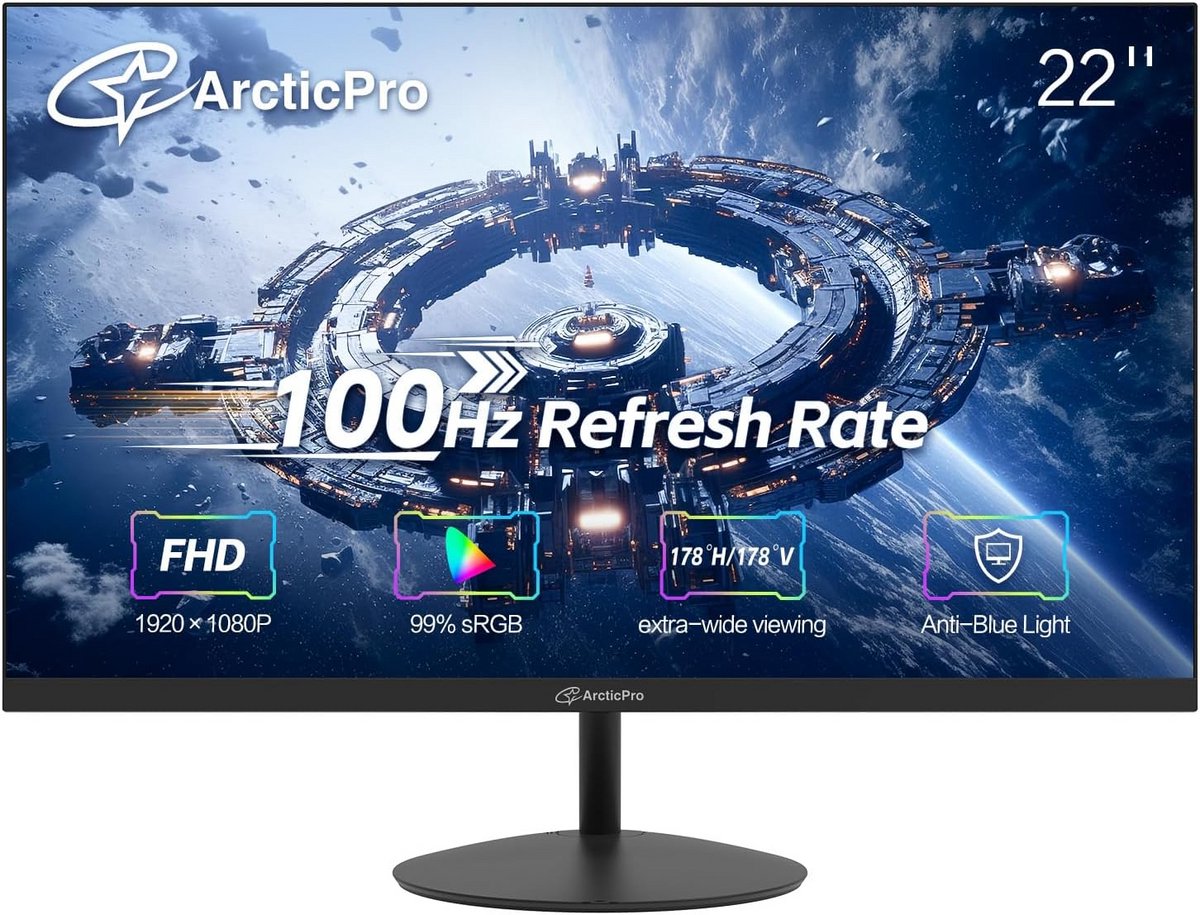 22 Inch FHD 1080p Computer Monitor - Office & Gaming - 100Hz - Frameless Design