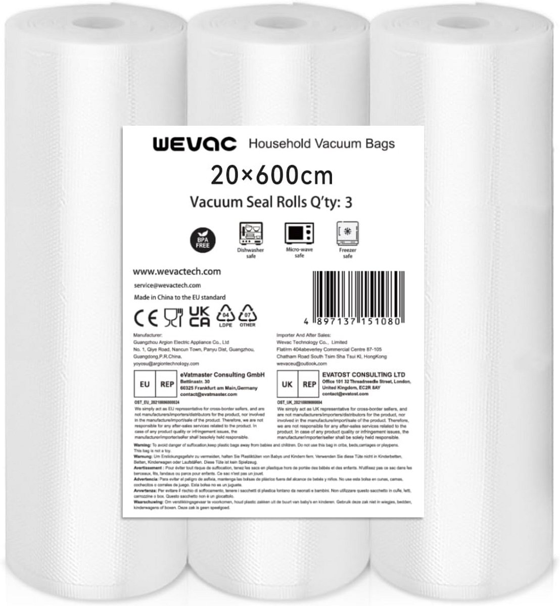 Vacuüm Sealer Rollen 20cmx600cm - 3 Pack