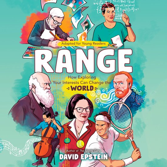 Boekomslag: illustraties van Darwin, een cellist, een schaker, een wetenschapper, een kunstenaar en een tennisser met de titel RANGE