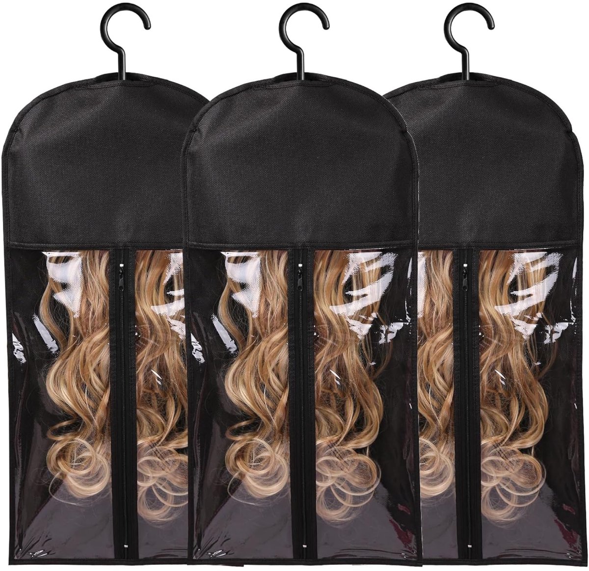 Daity 3-delige set opbergtassen voor pruiken met haken, geschikt voor het opbergen van meerdere pruiken, stofbestendig, ideaal voor pruiken, haarextensies en accessoires (zwart).