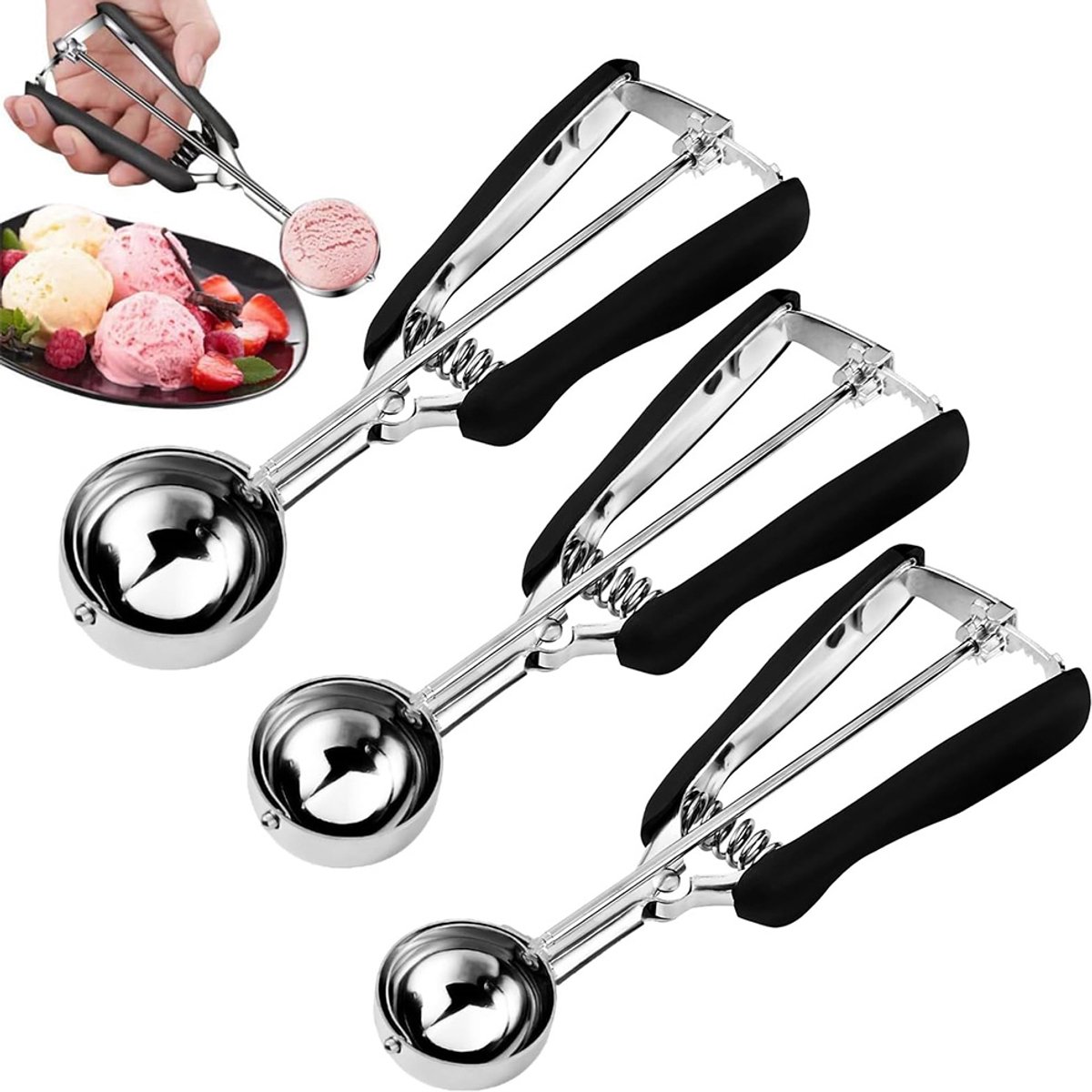 Ijslepel - 3 Stuks 4/5/6 cm - Professionele Roestvrij Stalen - Met Snelle Trekkerontgrendeling Good Grips - voor Aardappelpuree, Gehaktballen, Mellon Ballen